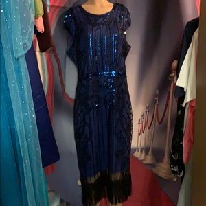 NWT Flapper style Dress w fringe 1 x blue black